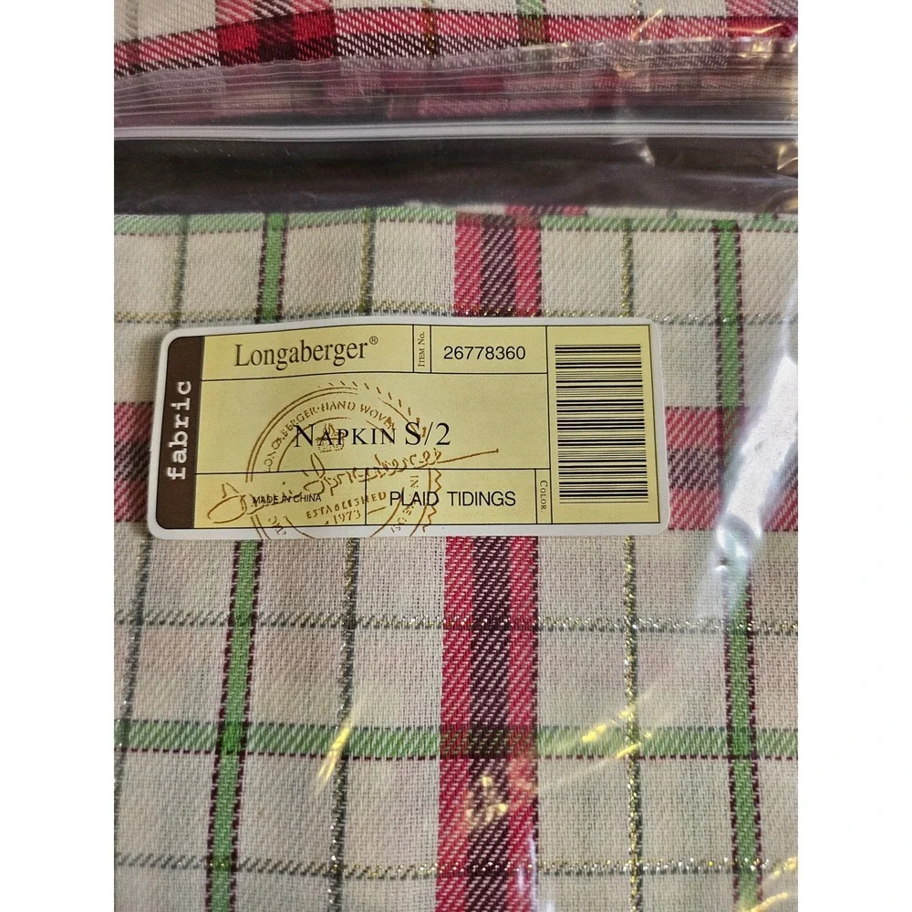 Longaberger Napkins Home 8pc Red Green Plaid Tidings Holiday Metallic Set